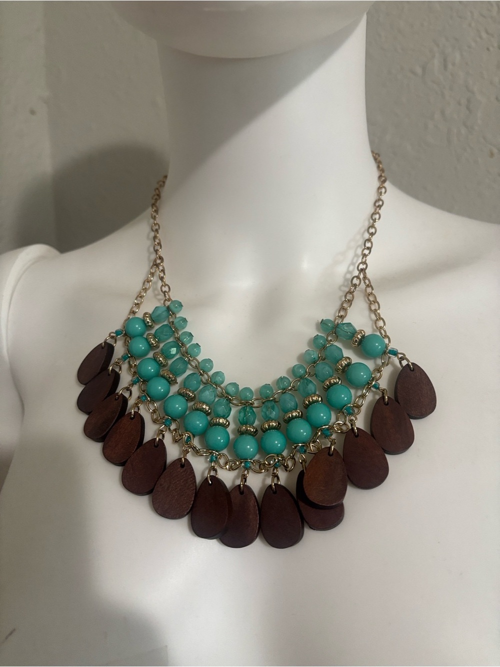 Turquoise Bead and Brown Wood Teardrop Bib Necklace - Picture 7 of 7